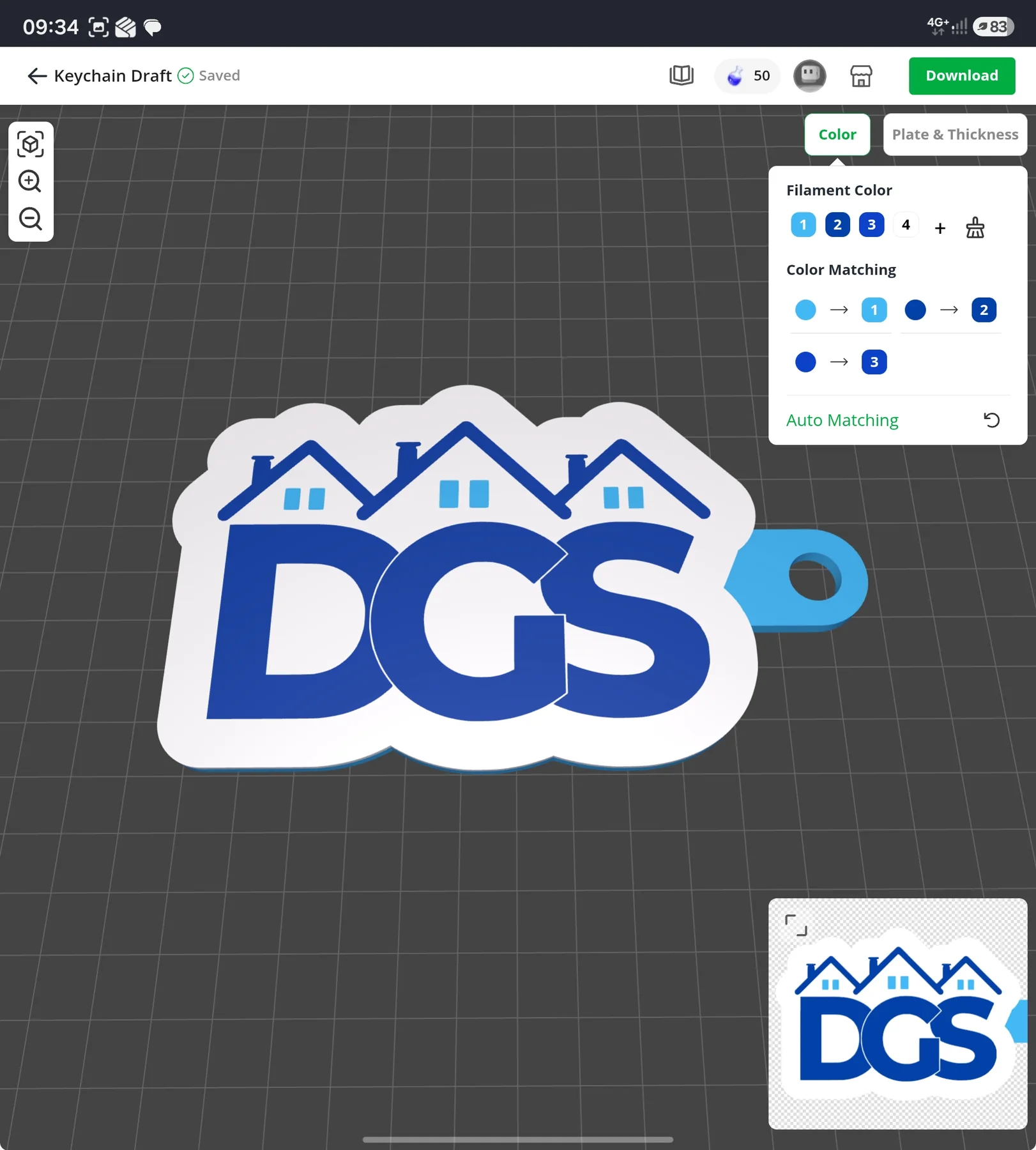 Vista 3D del llavero DGS